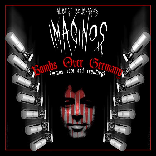 Album cover featuring a man's face with red stripes, surrounded by falling silver bombs.