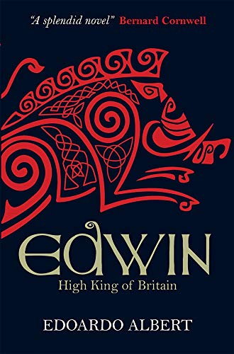 Book cover: dark blue background with red Celtic knotwork and the title “Edwin”.