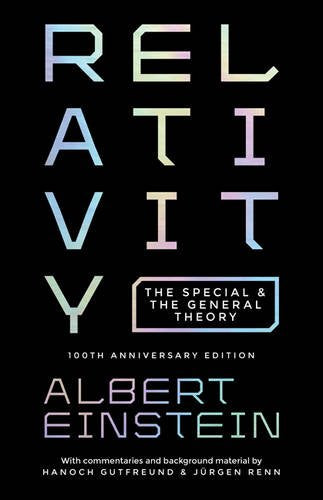 Book cover with iridescent text on a black background reading Relativity by Albert Einstein.
