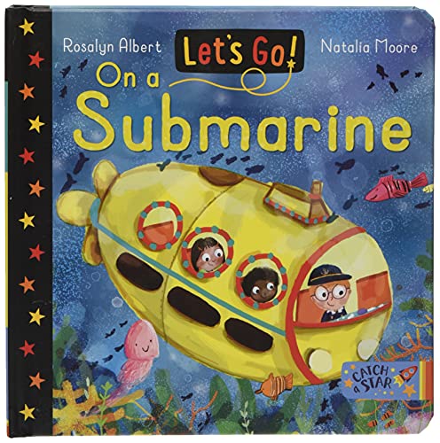 Yellow submarine book cover with children looking out windows at fish.