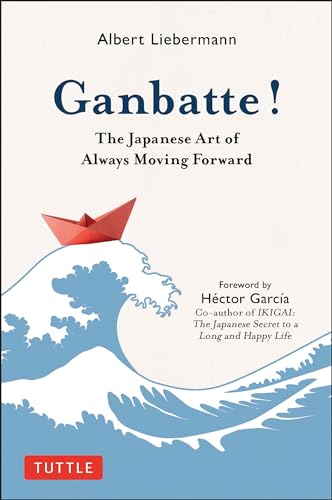 Book cover titled Ganbatte featuring a red paper boat on a blue stylized wave.