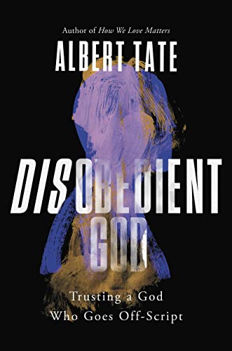 Book cover: "Disobedient God" with abstract purple and blue portrait.