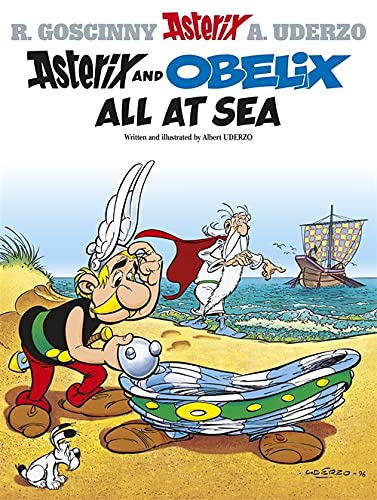 Asterix, Obelix, and a small dog on a beach with a sailing ship.