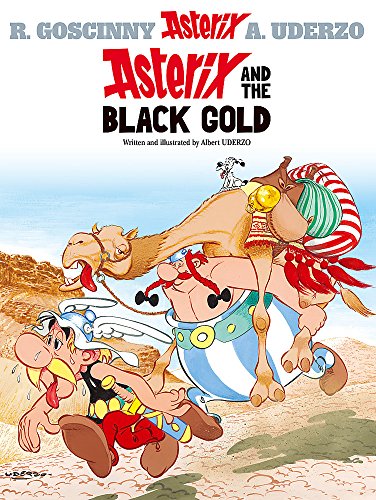 Asterix and Obelix riding a camel in a desert landscape.