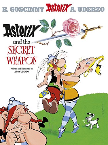 Asterix comic book cover featuring characters and a rose with a sword.