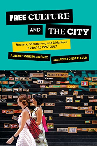 Book cover with text and a photo of people walking past a sticker-covered wall.