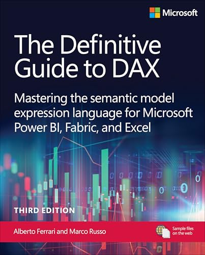 Book cover for The Definitive Guide to DAX with abstract data chart background.