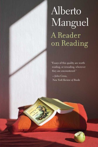 Book cover: "A Reader on Reading" with an open book and apple.