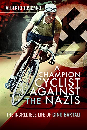 Book cover: cyclist Gino Bartali with a faded swastika background.
