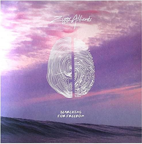 AlbumLp cover with a white fingerprint graphic over a purple and pink sunset sky.