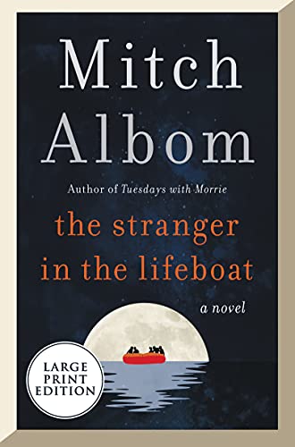 Book cover: "The Stranger in the Lifeboat" by Mitch Albom, with a moonlit ocean scene.