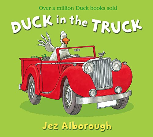 Red vintage truck driven by a waving cartoon duck.