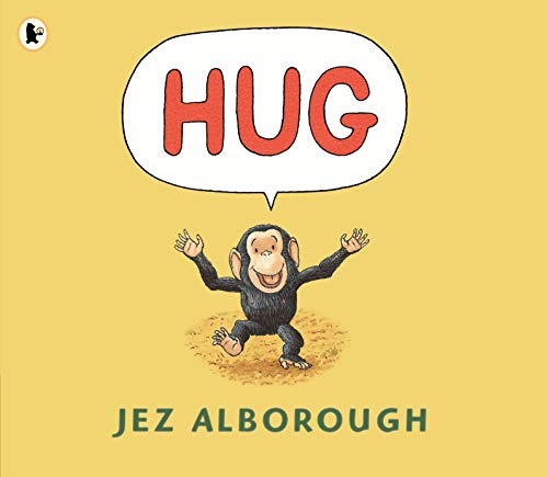 A small chimpanzee stands on a yellow background with a speech bubble saying HUG.