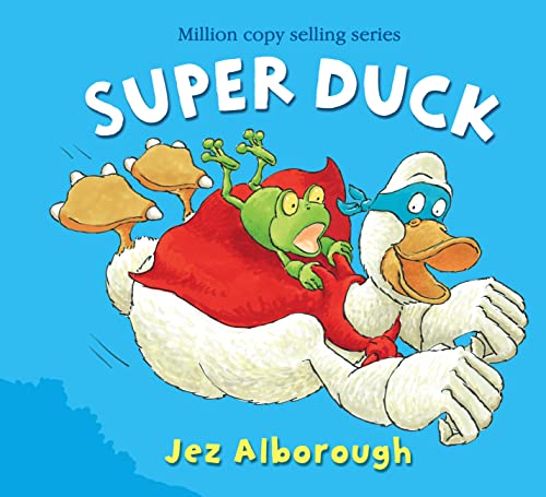 Cartoon duck flying with a frog wearing a red cape.