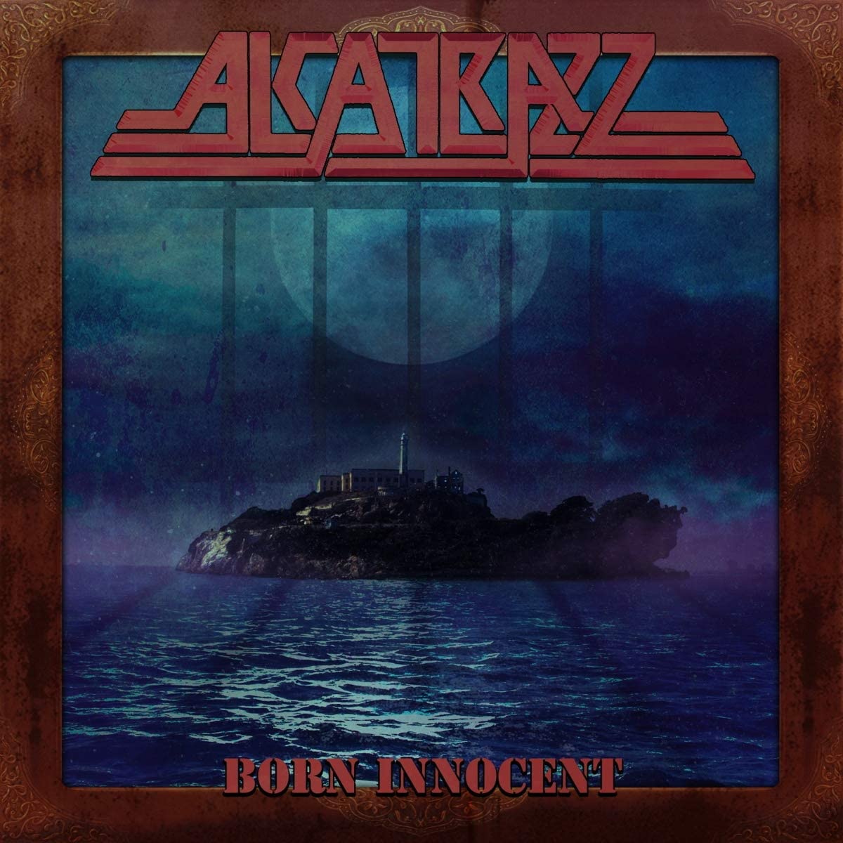 "Album cover for Alcatrazz 'Born Innocent' featuring a prison island under a full moon."