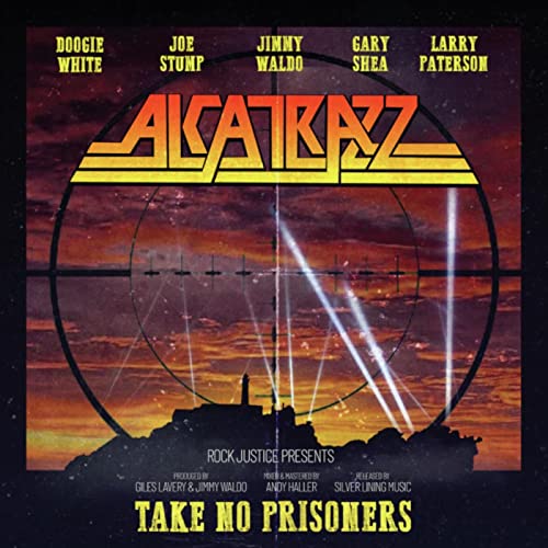 Alcatrazz album cover: band name in gold, crosshairs, and silhouetted rock.