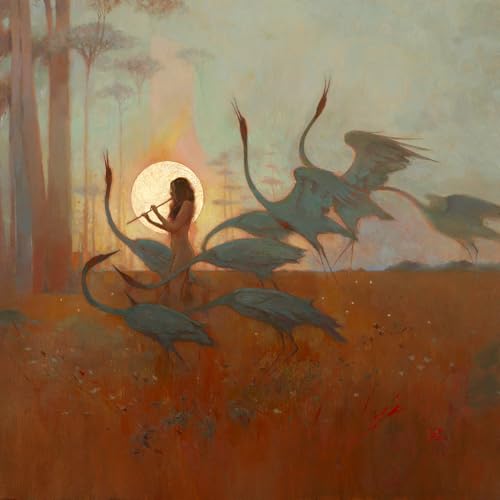 Painting of a person with birds in a misty, golden landscape.