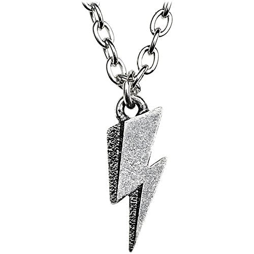 Silver lightning bolt pendant on a silver link chain against a white background.
