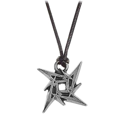 Silver-colored metal ninja star pendant on a black cord necklace against white background.