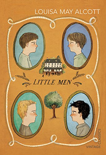 Vintage book cover for “Little Men” featuring illustrated portraits of boys.