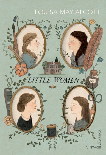 Book cover for “Little Women” featuring portraits of four sisters and a house.