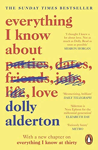 The image depicts a book cover with a yellow background and red and blue text.