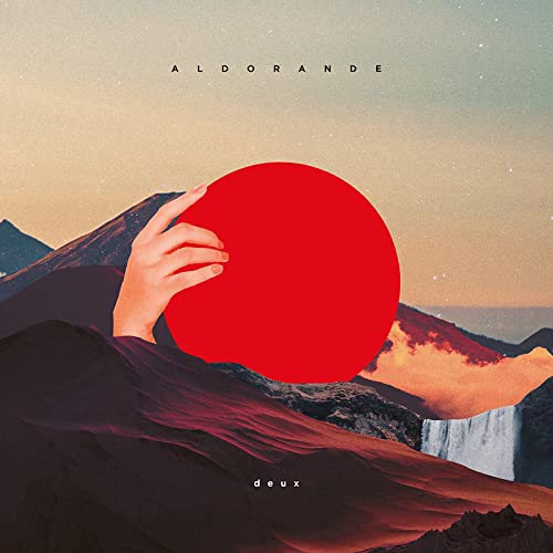 Album cover with a hand, red sun, mountains, and waterfall imagery.