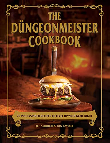 Cookbook cover with ornate frame, a burger, and text: "The Düngeonmeister Cookbook".