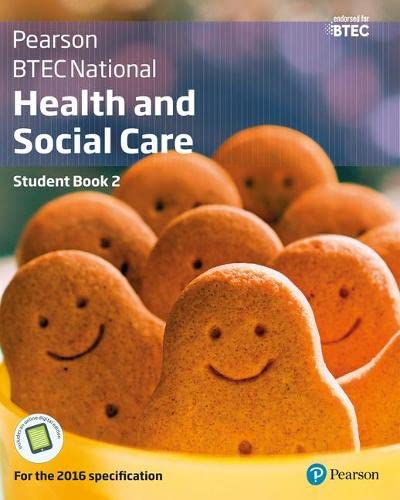 Textbook cover titled Pearson BTEC National Health and Social Care featuring smiling gingerbread men.