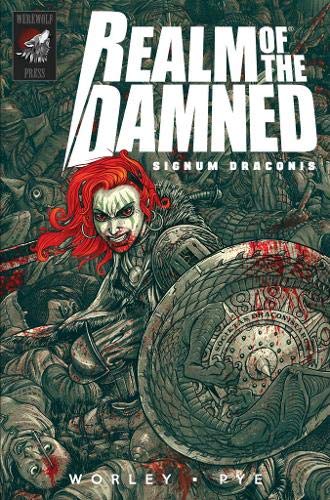 "Comic book cover featuring a woman with red hair amidst armored warriors."