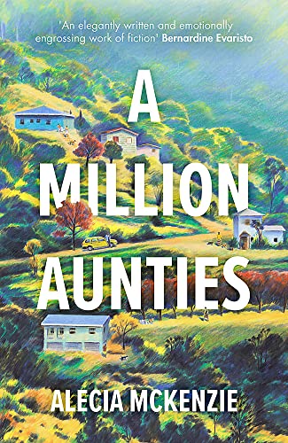 Book cover: “A Million Aunties” with a colorful hillside village scene.