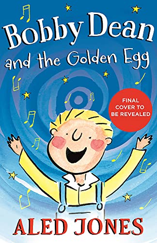 Book cover: boy with arms raised, golden egg, swirling blue background.