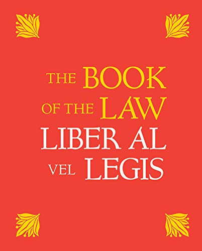 Red book cover with gold text: "The Book of the Law Liber AL vel Legis".
