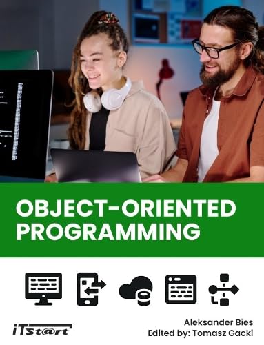Book cover: "Object Oriented Programming" with two people coding.