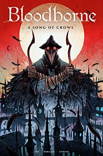 A plague doctor figure with glowing red eyes stands before a large red moon.