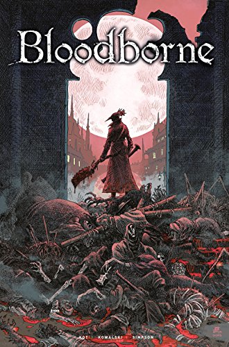 “Bloodborne” cover art: hunter with weapon, city skyline, and pile of bodies.