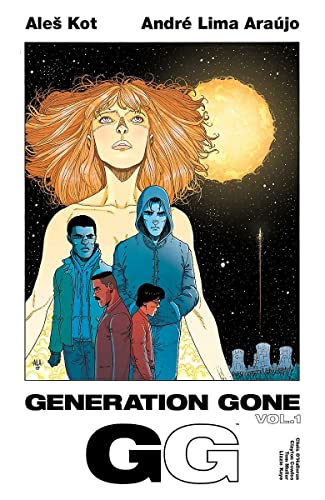 Comic book cover showing four young people standing before a giant glowing figure.
