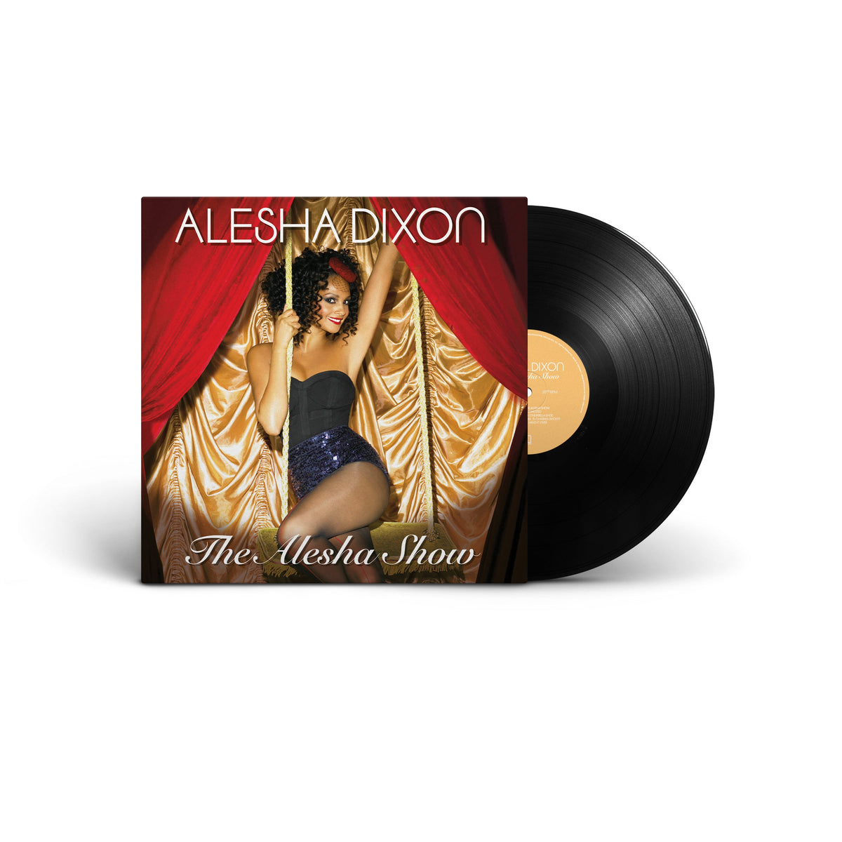 Alesha Dixon album cover with vinyl record, red curtain backdrop.
