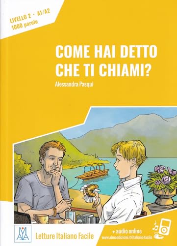 Italian language textbook cover with illustration of people by a lake.