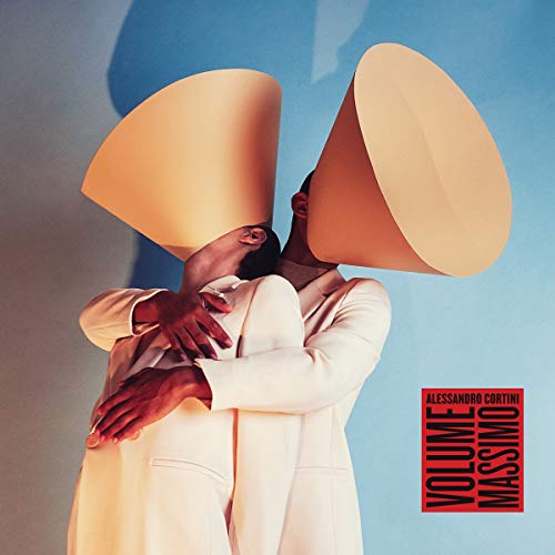 Two figures in suits with large cone-shaped hats embrace, album art.