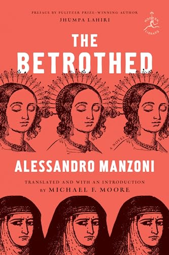 Book cover: "The Betrothed" by Alessandro Manzoni, with illustrated portraits.