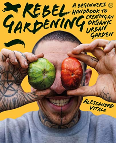 Book cover with tattooed person holding a green apple and tomato.