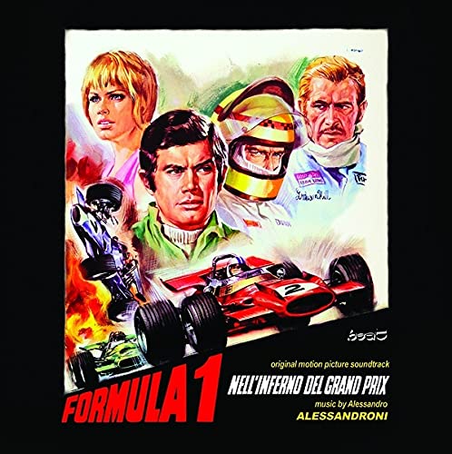"Soundtrack CD cover featuring Formula 1 racing cars and characters on a black background."
