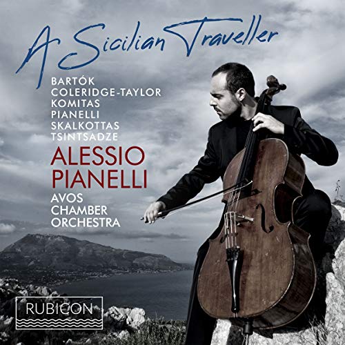 Alessio Pianelli playing cello, album cover for "A Sicilian Traveller".