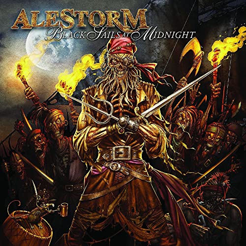 Alestorm album cover: pirate skeleton with crew, ship in background.