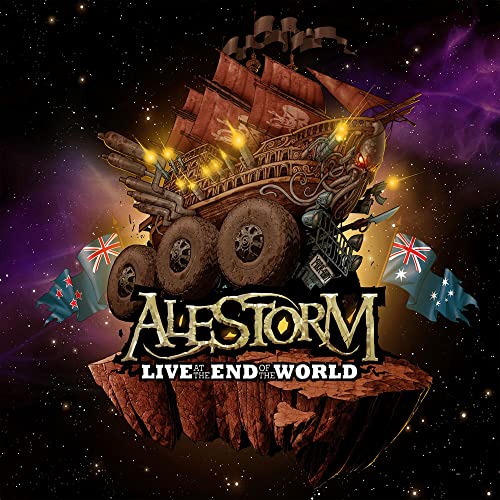 Album cover for Alestorm's "Live At The End Of The World" featuring a ship-vehicle.