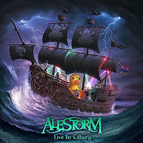 Pirate ship with band members playing instruments during a stormy concert.