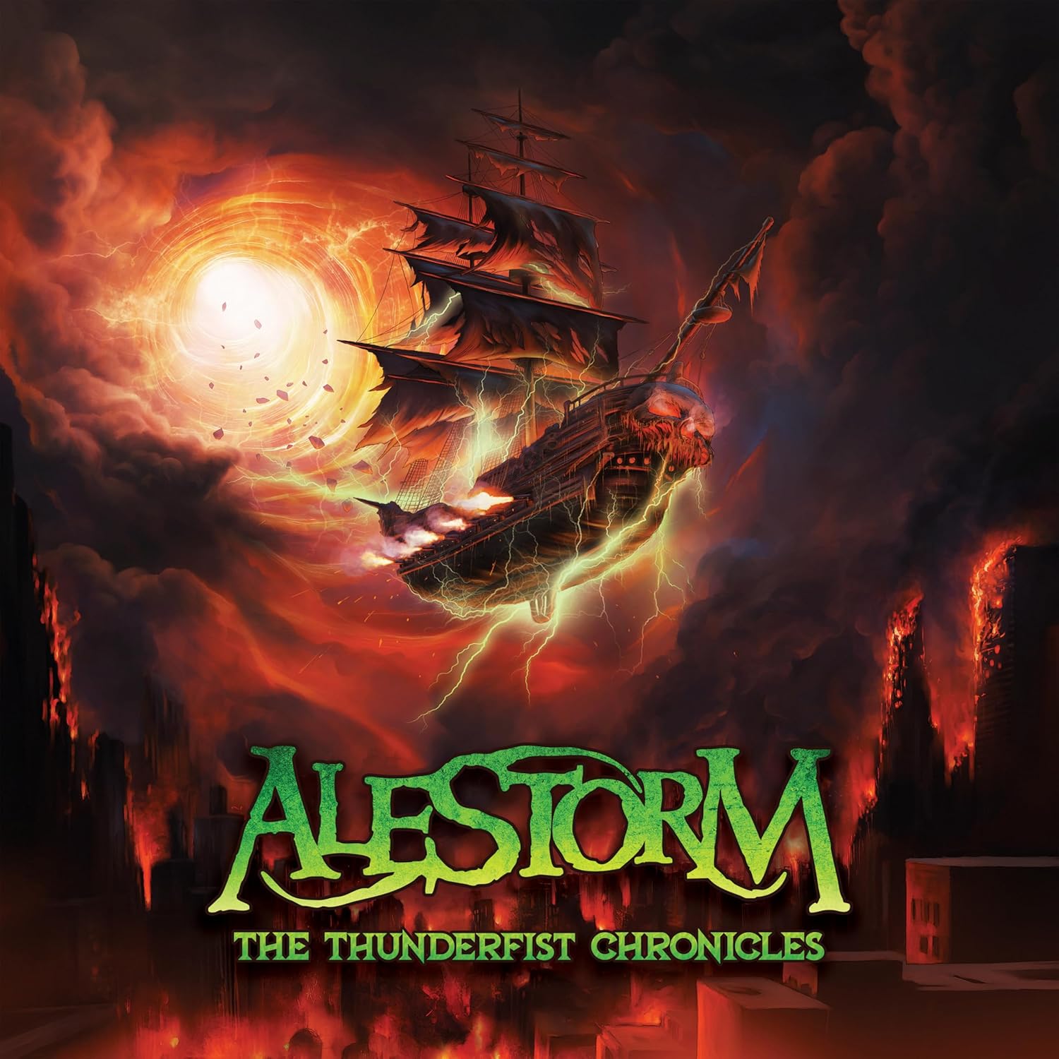 Album cover: pirate ship amidst storm and fiery destruction, band name Alestorm.