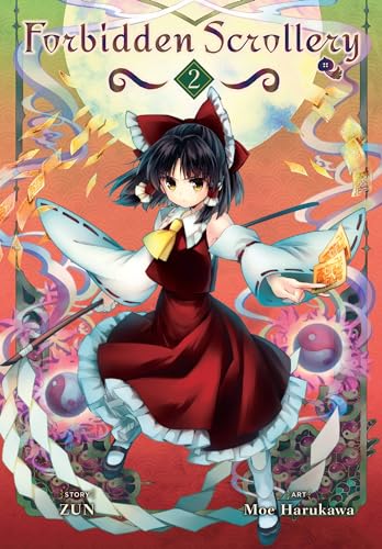 Anime-style girl in a red dress with a bow, holding cards against a moon.