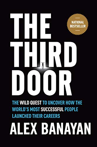 Book cover with large white text: "THE THIRD DOOR" and a small door image.